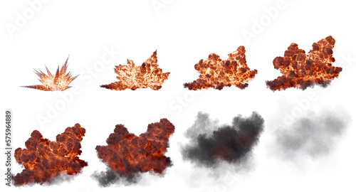 Set of Ground Fire and Smoke Explosion Isolated on Black Background with Alpha Channel. Medium Shot.