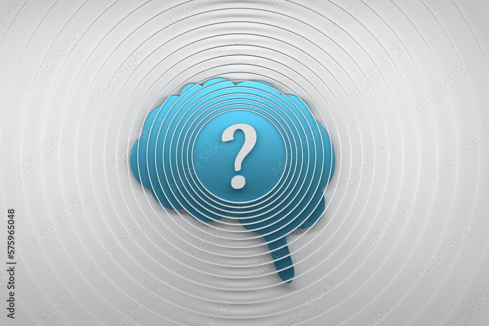 Concept illustration with one large blue brain with circualr lines and question mark on white background. 3d render. Concept illustration with one large blue brain with circualr lines and question mark on white background. 3d render.