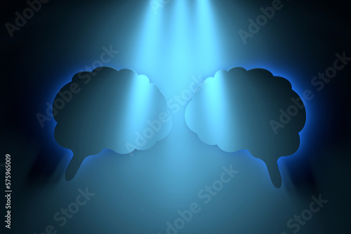 Concept illustration with two communicating brains illuminated with blue light. 3d render.