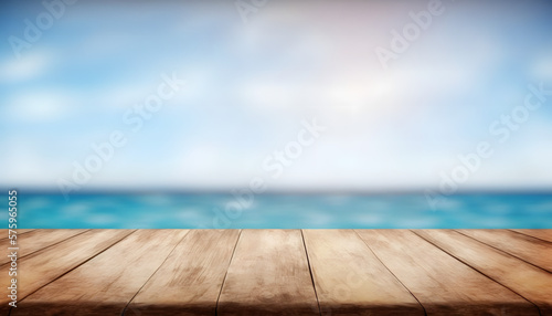 empty wooden table on the beach, blurred sea background