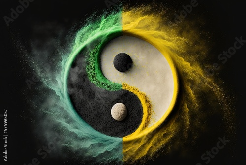 Abstrakte Yin und Yang Symbole in gelb und gr  n mit Puder  Staub und Rauch vermischt. Chinesische dualistische Weltsicht f  r Dinge aus zwei gegens  tzlichen  aber komplement  ren Kr  ften. Generativ KI