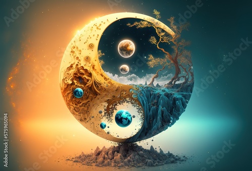 Abstrakte Yin und Yang Symbole mit Puder, Staub und Rauch vermischt. Chinesische dualistische Weltsicht für Dinge aus zwei gegensätzlichen, aber komplementären Kräften. photo