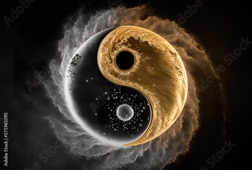 Abstrakte Yin und Yang Symbole in Gold und Silber mit Puder, Staub und Rauch vermischt. Chinesische dualistische Weltsicht für Dinge aus zwei gegensätzlichen, aber komplementären Kräften. Generativ KI photo