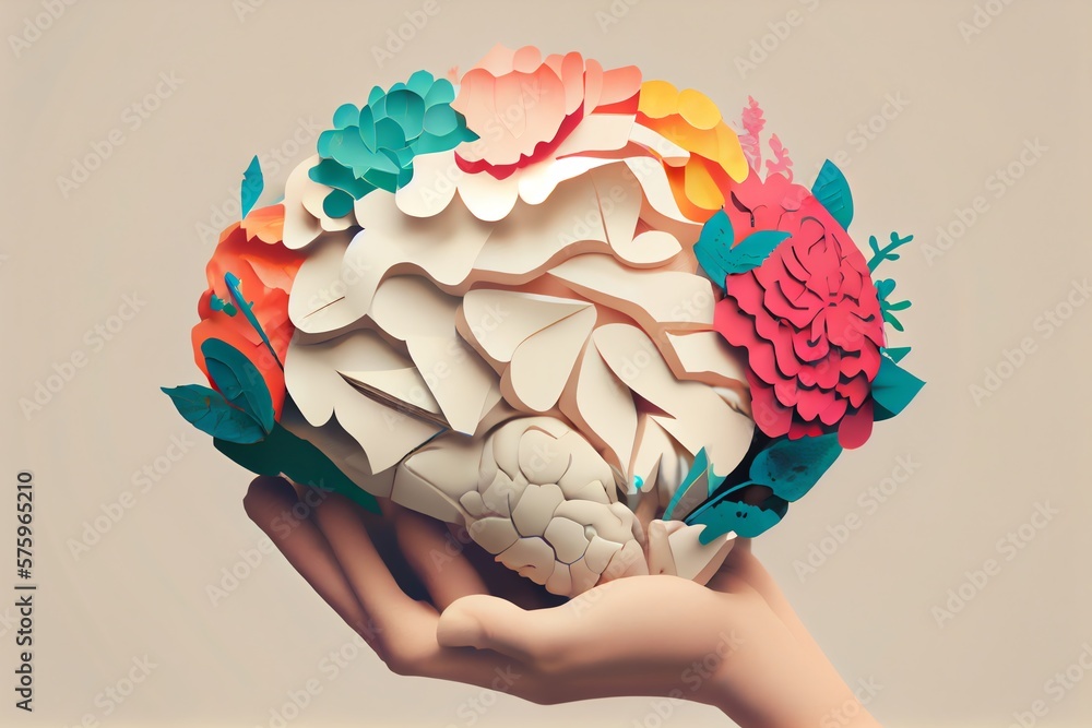 Hands Holding Paper Head, Human Brain With Flowers, Self Care And ...