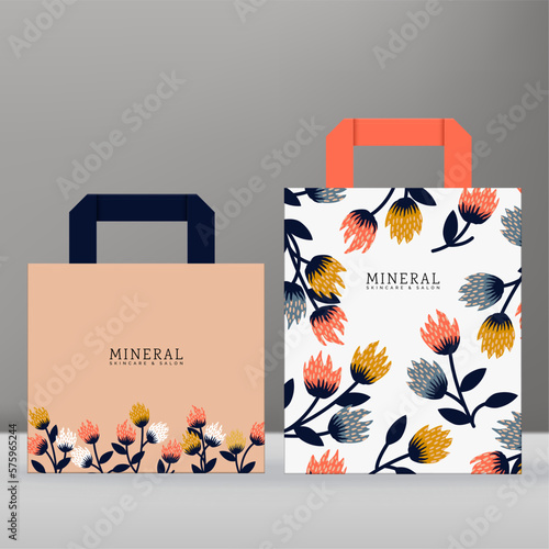 Vector Paper Shopping Bag Flay Lay Template with Retro or Vintage Floral Print Pattern.