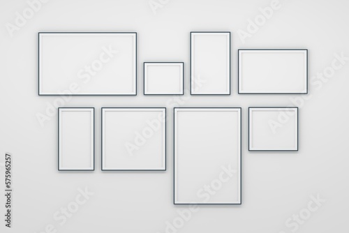 Mockup template wall gallery, set of 8 small frames collection on white wall. 3d render.