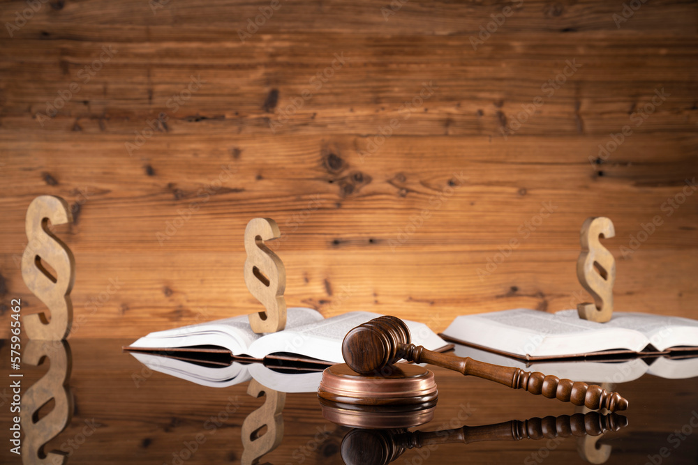 Law concept. Judge chamber. Judge’s gavel, Themis sculpture, scale and