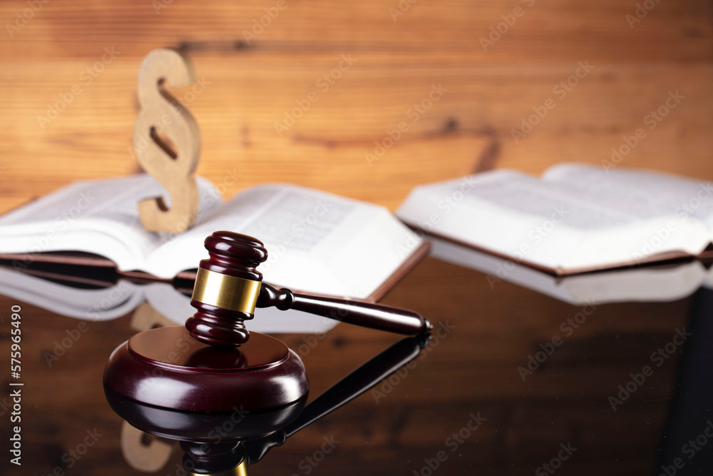 Law concept. Judge chamber. Judge’s gavel, Themis sculpture, scale and