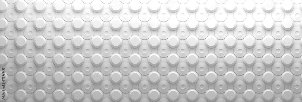 Wide banner with white pattern of many repetative circles shapes. 3d render. Wide banner with white pattern of many repetative circles shapes. 3d render.