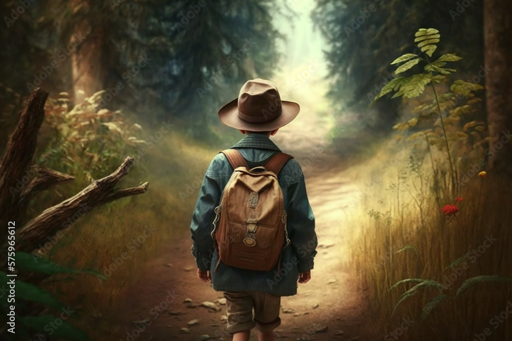 Young boy on a forest trail created with Generative AI