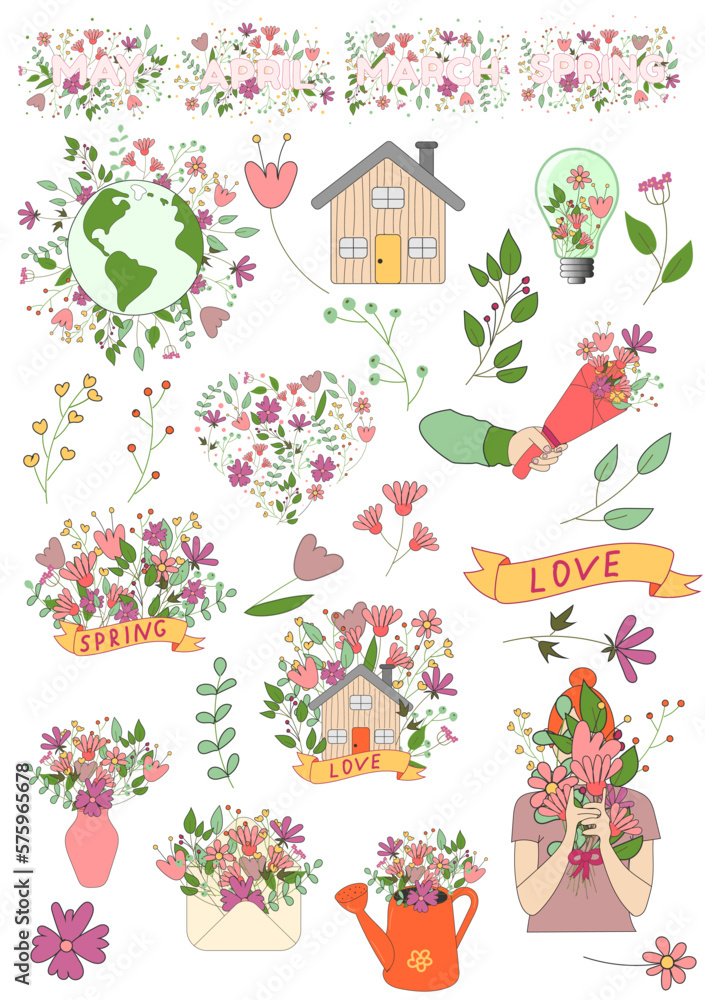 Stickers with spring flowers, illustrations for World Women's Day Stickers with spring flowers, illustrations for World Women's Day