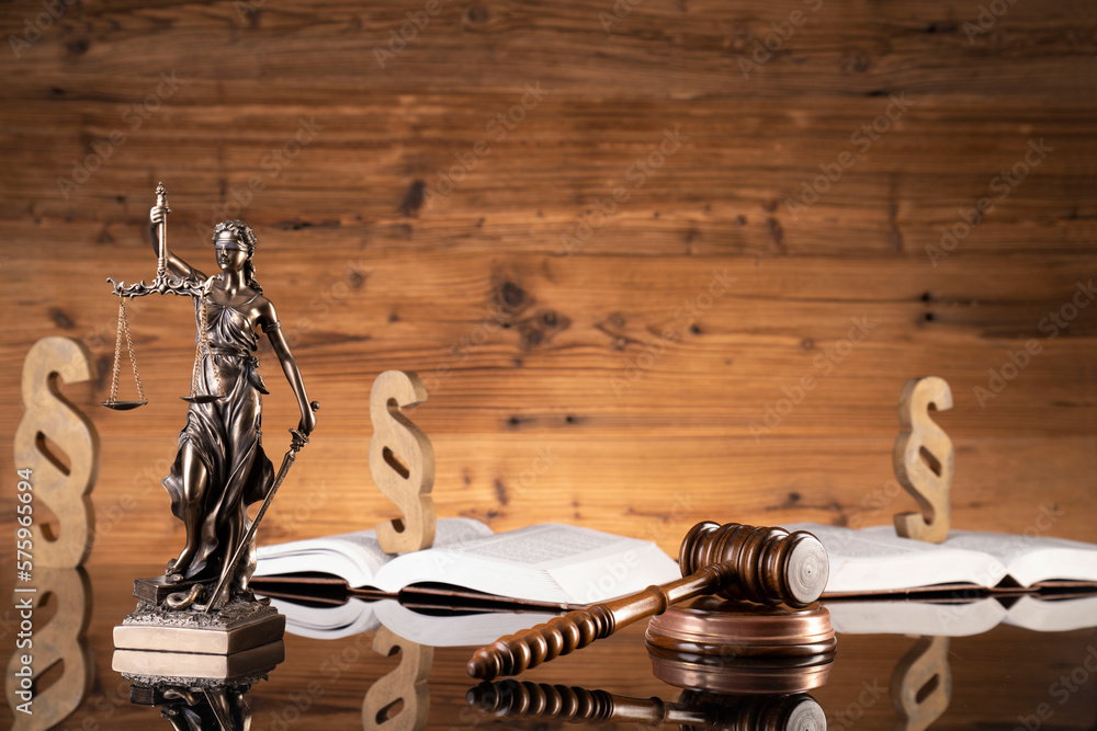 Law concept. Judge chamber. Judge’s gavel, Themis sculpture, scale and