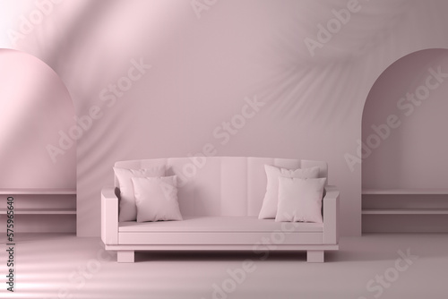 Mockup template interior with blank pink wall, niches, arches with shelfs  and sofa with pillows. 3d render.  photo