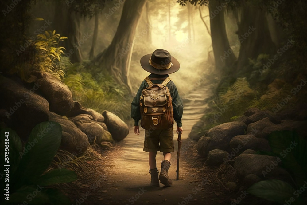 Young adventurous boy walking down a forest trail created with Generative AI