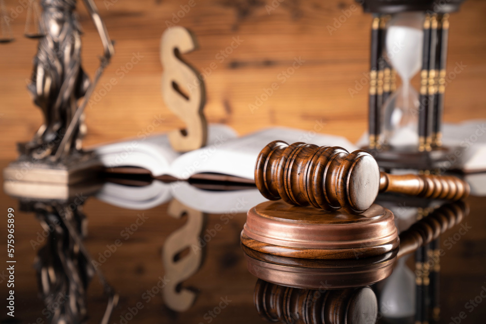 Law concept. Judge chamber. Judge’s gavel, Themis sculpture, scale and