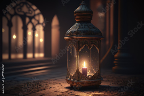 Ramadan Lantern. Lantern or candle lamp in islamic interior. Generative ai illustration for Greeting card, site, banner, invitation, postcard for muslim holiday. Eid Mubarak Ramadan Kareem