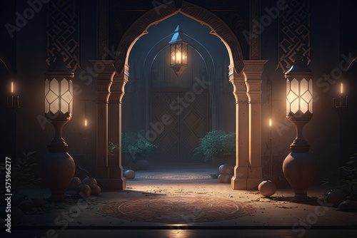 Abstract Islamic interior, lantern, gate, arches, door. Ramadan Lantern. Generative ai illustration for Greeting card, site, banner, invitation, postcard for muslim holiday. Eid Mubarak Ramadan Kareem