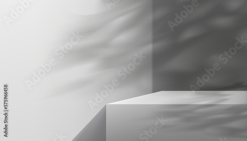 Empty Grey Cement Wall Backdrop Background,3D Display Studio with leaves shadow,Gallery room with sunlight overlay on Concrete wall,Vector minimal design for Spring,Summer Product Presentation