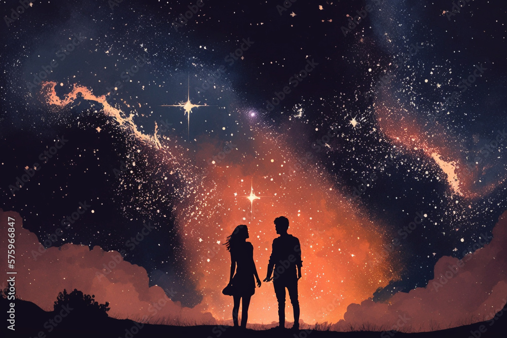 Two lovers in a romantic couple pose with starry night galaxy sky. Man ...