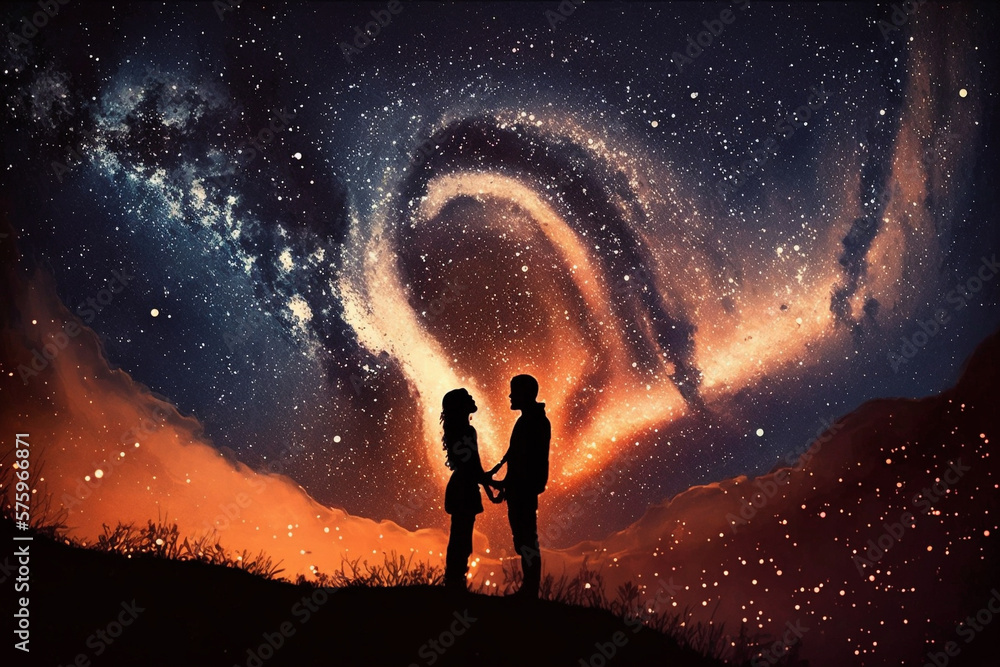 Two lovers in a romantic couple pose with starry night galaxy sky. Man and woman silhouette in happy relationship. Ai generated Two lovers in a romantic couple pose with starry night galaxy sky. Man and woman silhouette in happy relationship. Ai generated