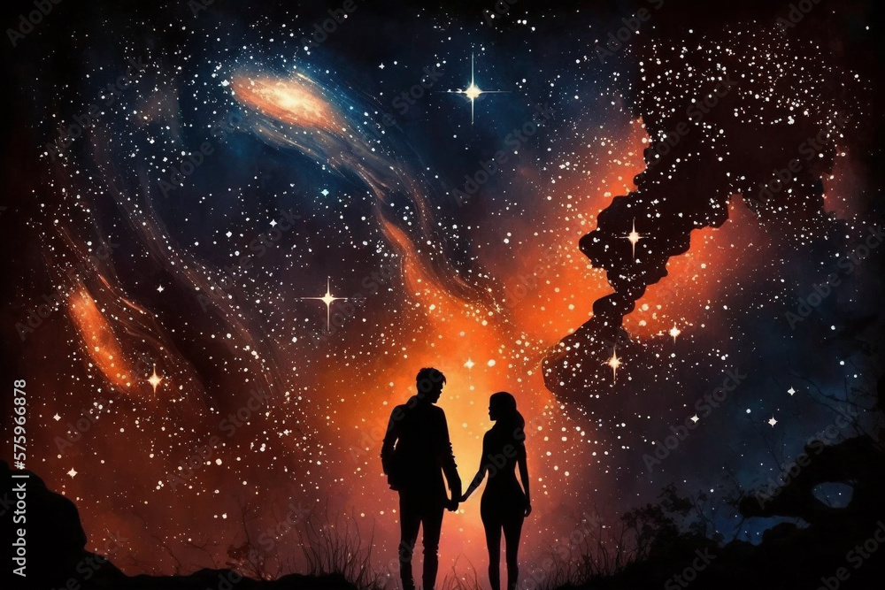 Two lovers in a romantic couple pose with starry night galaxy sky. Man and woman silhouette in happy relationship. Ai generated Two lovers in a romantic couple pose with starry night galaxy sky. Man and woman silhouette in happy relationship. Ai generated