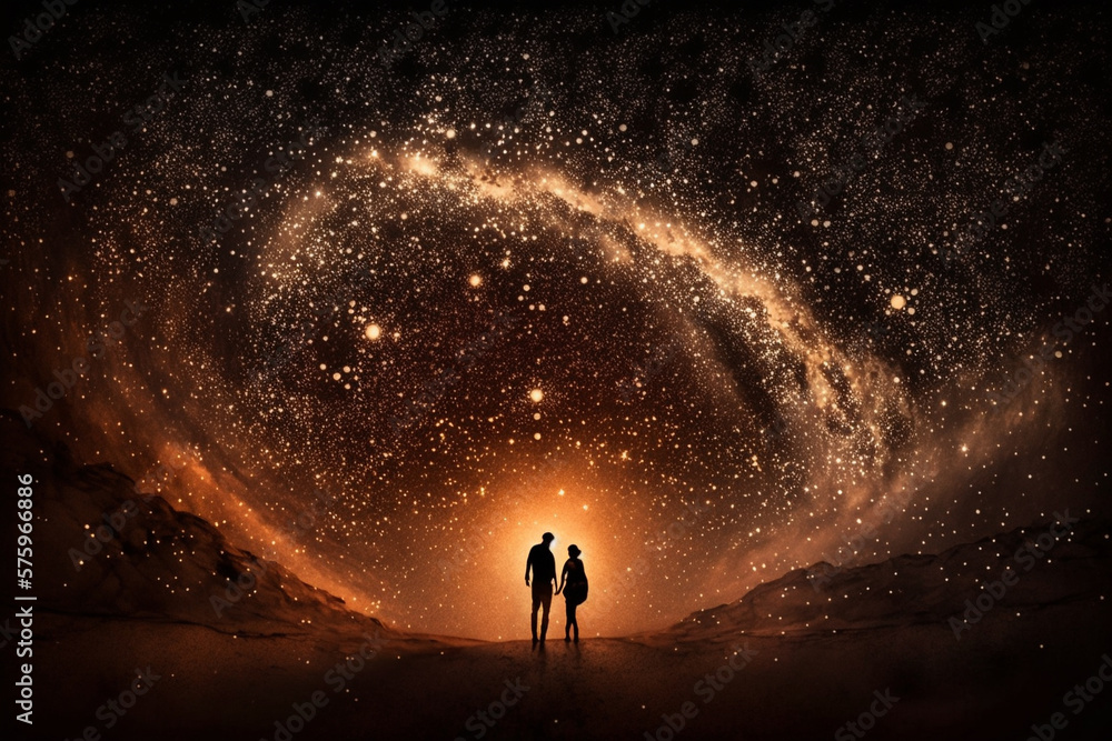 Two lovers in a romantic couple pose with starry night galaxy sky. Man and woman silhouette in happy relationship. Ai generated