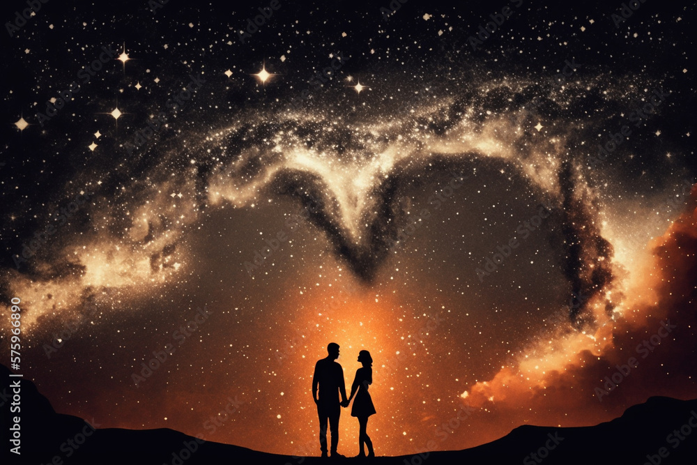 Fototapeta premium Two lovers in a romantic couple pose with starry night galaxy sky. Man and woman silhouette in happy relationship. Ai generated