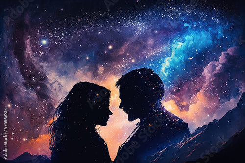 Two lovers in a romantic couple pose with starry night galaxy sky. Man and woman silhouette in happy relationship. Ai generated