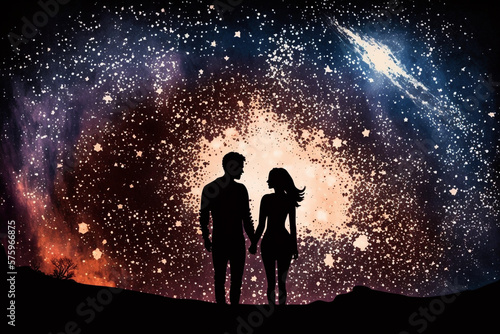 Two lovers in a romantic couple pose with starry night galaxy sky. Man and woman silhouette in happy relationship. Ai generated