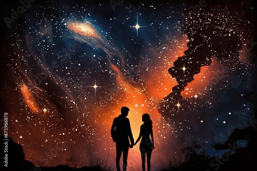 Two lovers in a romantic couple pose with starry night galaxy sky. Man and woman silhouette in happy relationship. Ai generated