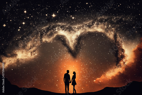 Two lovers in a romantic couple pose with starry night galaxy sky. Man and woman silhouette in happy relationship. Ai generated © dragomirescu