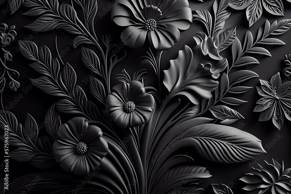 Black floral background, 3d effect. Generative AI