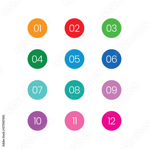 Colorful 1-12 numbers. numbers in circle. colored buttons and numbers