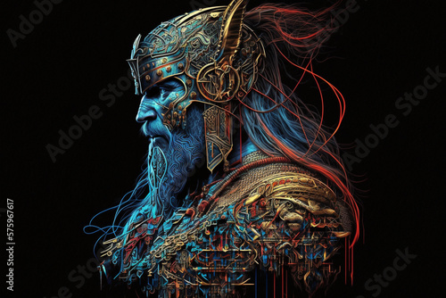 Abstract powerful warrior viking king portrait. Impressive man soldier portrait with blue color and intricate details. Ai generated