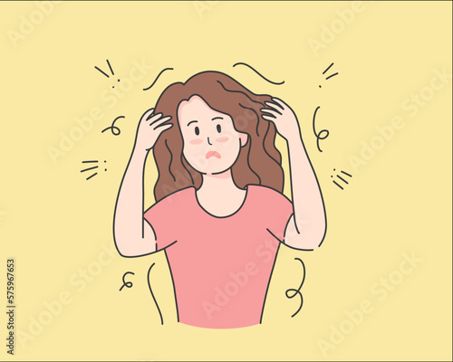 Woman serious hair loss problem for health care shampoo and beauty product concept, vector illustration