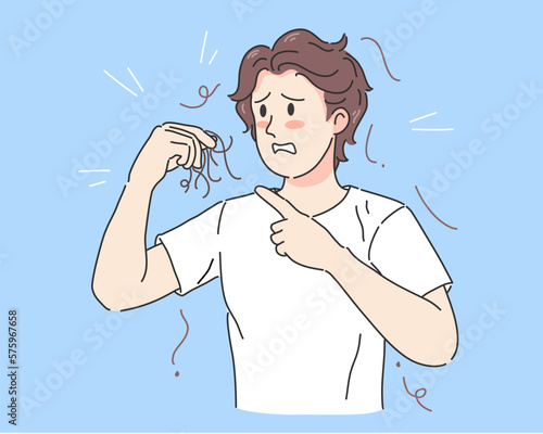 Man hand holding hair with serious hair loss and thin hair problem for health care shampoo and beauty product concept, vector illustration