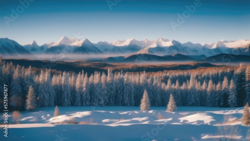 winter, snow-capped mountains and forest