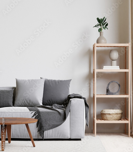 close up minimal style living room with wooden floor ,white wall,big couch,big window,carpet,wooden cabinet,wall for mockup