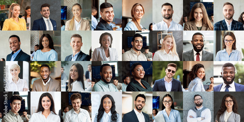 Collection of positive young business people posing indoors and outdoors