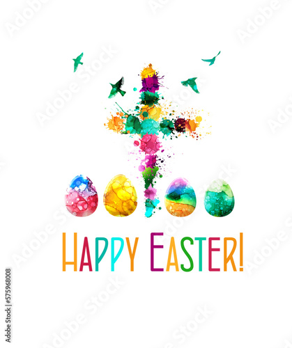 Happy easter cross colored. Flying birds. Easter eggs. Vector illustration