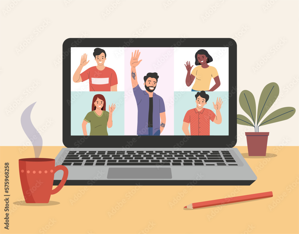 Video conference of different people. Young women and men waives hands in hello gesture while smiling cheerfully. Laptop on the desk. Vector flat cartoon style illustration Video conference of different people. Young women and men waives hands in hello gesture while smiling cheerfully. Laptop on the desk. Vector flat cartoon style illustration