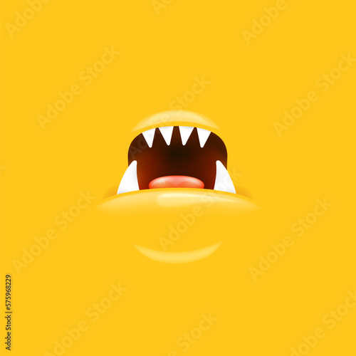 Vector Cartoon open mouth with fangs isolated on orange background. Funny and cute Halloween Monster open mouth with big vampire fangs. jaws and mouth of the beast cartoon illustration