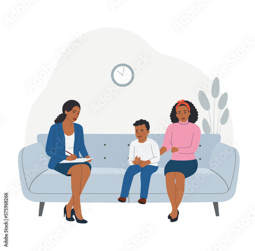 Child psychiatrist work with small black boy and his mom on the sofa. Psychological consultation. Vector flat style illustration