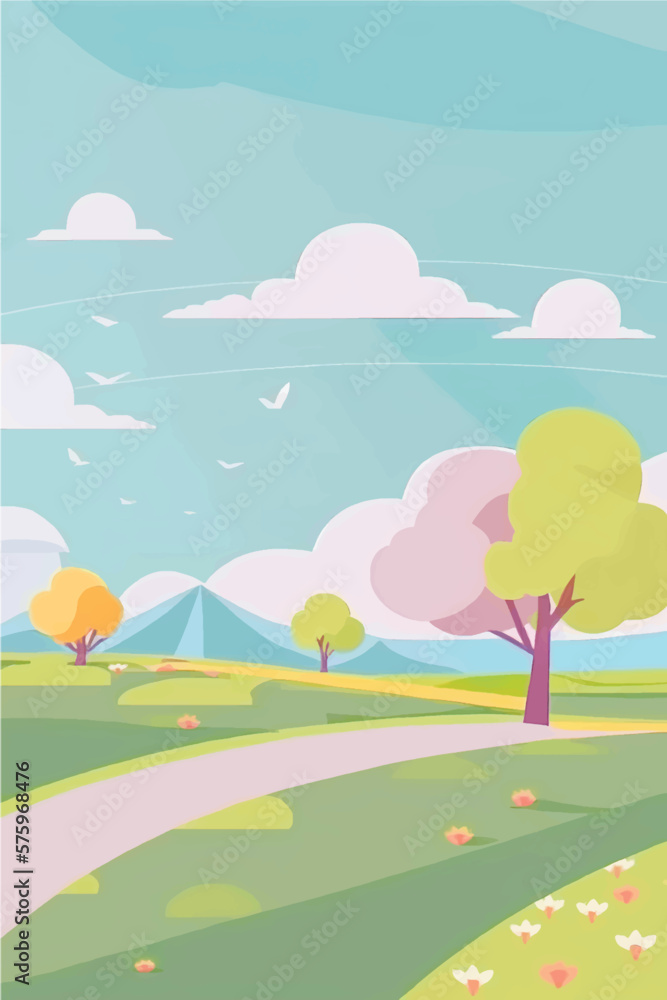 Peaceful natural landscape illustration with green trees, rolling hills, and a clear blue sky - perfect for any project needing a serene outdoor setting. This vector artwork Peaceful natural landscape illustration with green trees, rolling hills, and a clear blue sky - perfect for any project needing a serene outdoor setting. This vector artwork
