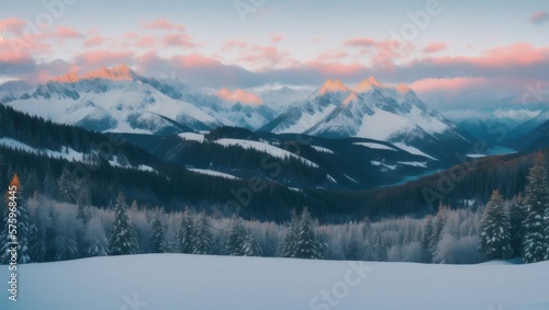 winter, snow-capped mountains and forest