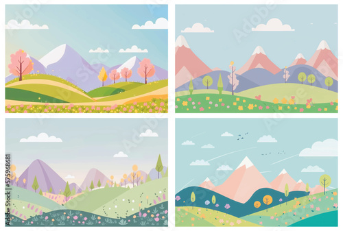 Fototapeta Naklejka Na Ścianę i Meble -  Peaceful natural landscape illustration with green trees, rolling hills, and a clear blue sky - perfect for any project needing a serene outdoor setting. This vector artwork 