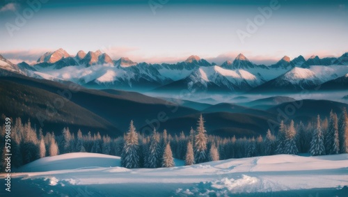 winter, snow-capped mountains and forest