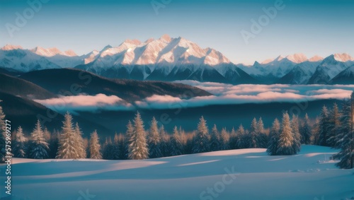 winter, snow-capped mountains and forest © Mikhail