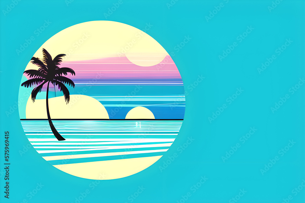 Tropical island with palm tree, illustration on green retro background. Generative AI