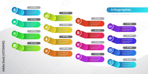 Modern Infographic Design Template with 16 Options or Steps. Can be used for Presentation, Workflow Layout, Diagram, or Annual Report. Timeline Diagram Presentation Design photo